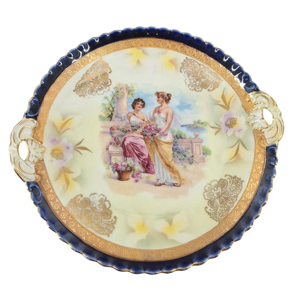 8pc Antique German Porcelain Dessert Set Cobalt Blue Gold Fragonard‎ Cake Plates